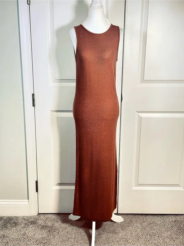 And Now This Knit Maxi Dress S Rust Brown Sleeveless Side Slit Sweater Stretch - Image 3