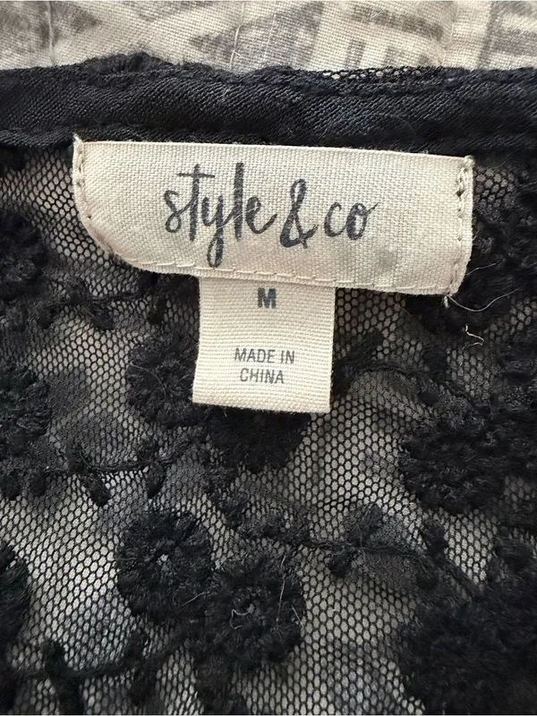 Style & Co Black Boho Gauze Blouse Lace Crochet Trim 3/4 Sleeve Medium - Image 5