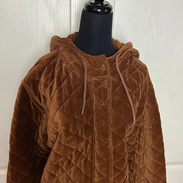 VINTAGE Brown CORDUROY Quilted Women's ZIP UP HOODED WARM Jacket - Image 2