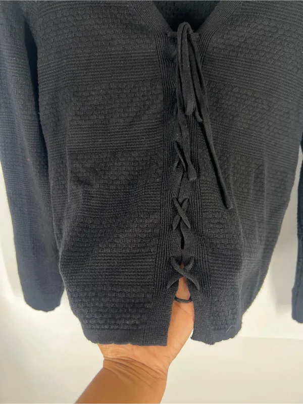 Pinque Textured Black Lace-Up Front Sweater Top Size M - Image 6