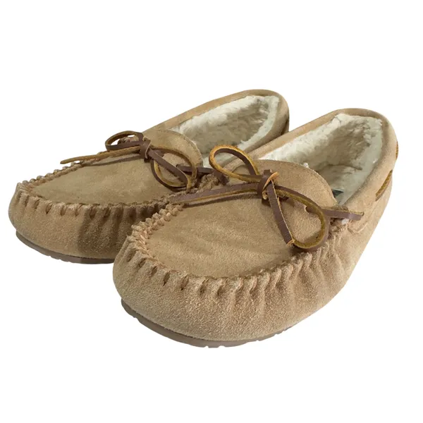 3205 | Minnetonka Cally Suede Faux Fur Lined Moccasin Slippers Tan Women 7 NEW - Image 2
