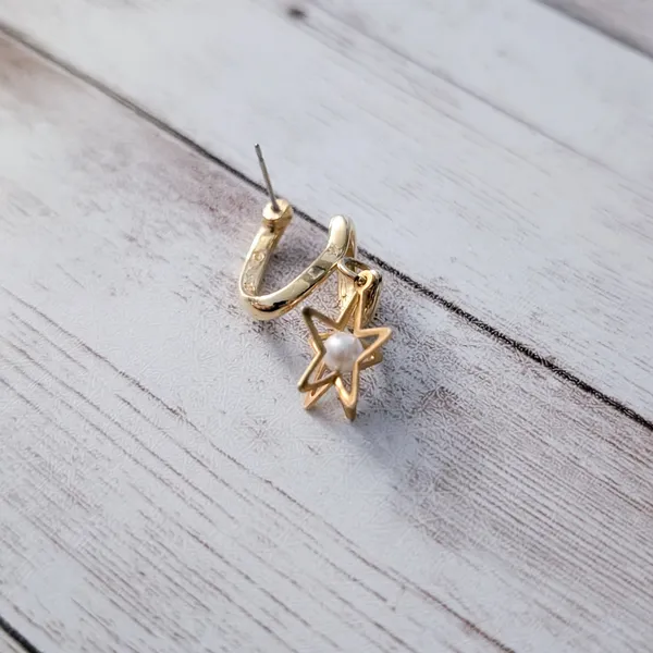 Vintage Earrings for Pierced Ears Twist Dangle with 3D Star & Faux Pearl - Image 6