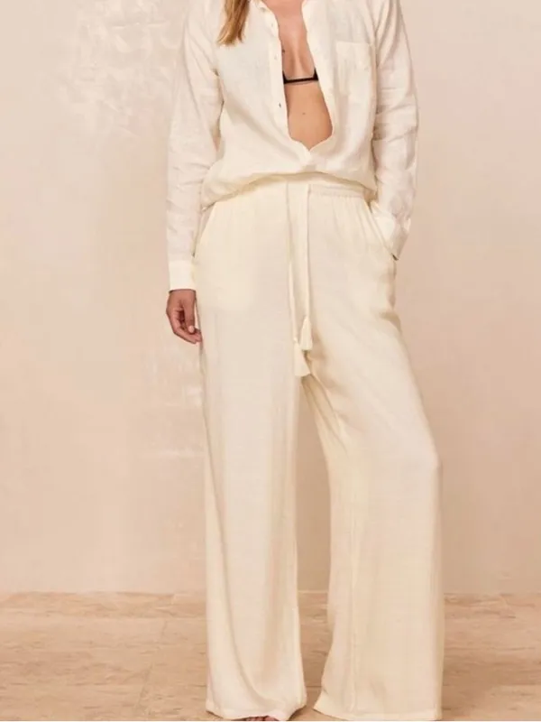 MONDAY SWIMWEAR‎ Tahiti Pants Ivory Wide Leg Drawstring Waist size V 12-14 Beach - Image 2