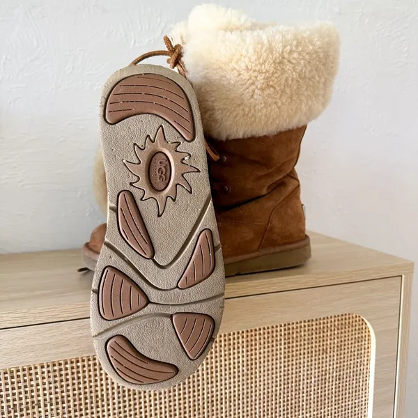UGG | Australia Montclair Cuffed‎ Suede Sheepskin Lace-Up Boots in Chestnut - Image 5