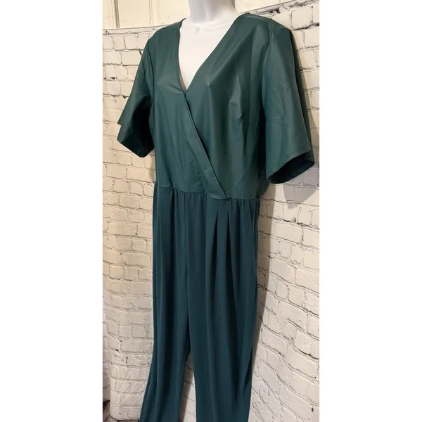Colleen Lopez Flutter-Sleeve Mixed Media Jumpsuit Green Romper Size XL - Image 4