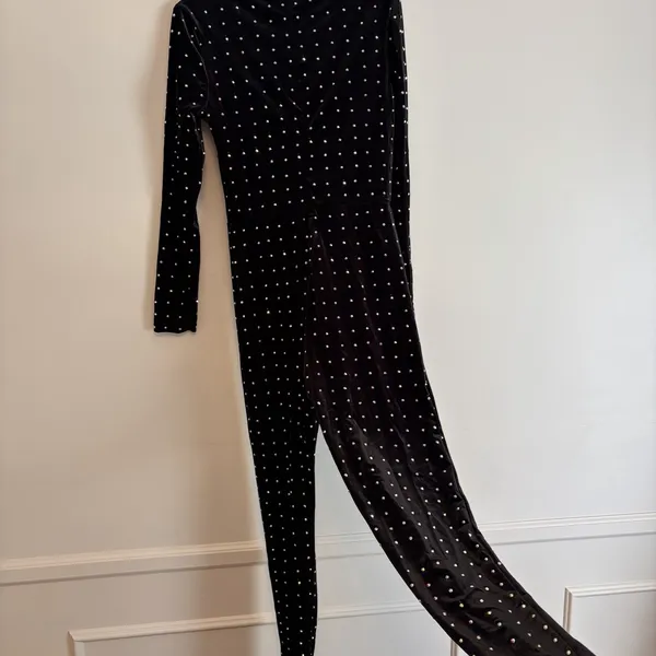 runway collection johnathan kayne Large Black velvet jumpsuit jewel Formal Party - Image 6