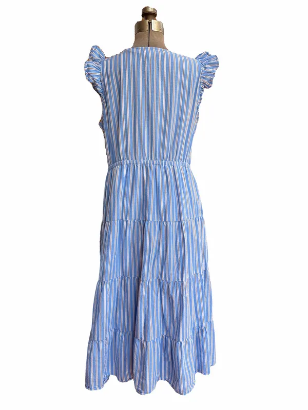 J. Crew V-Neck Cotton Ruffle Cap Sleeve Tiered Striped Midi Dress - Image 6