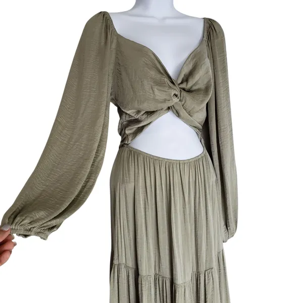 Anthropologie Mable Twist Cutout Tiered Maxi Dress Medium Green Puff Sleeve - Image 15