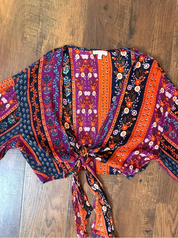 PATRONS OF PEACE by Anthropologie, boho floral, front tie shrug, size M - Image 6