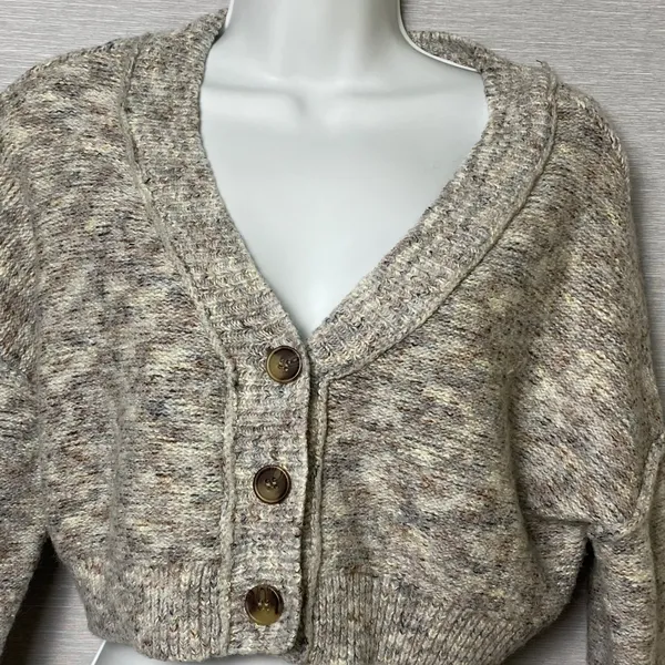 Garage Womens Small Cropped Cardigan Sweater Marled Grey V-Neck Button Front P/S - Image 3