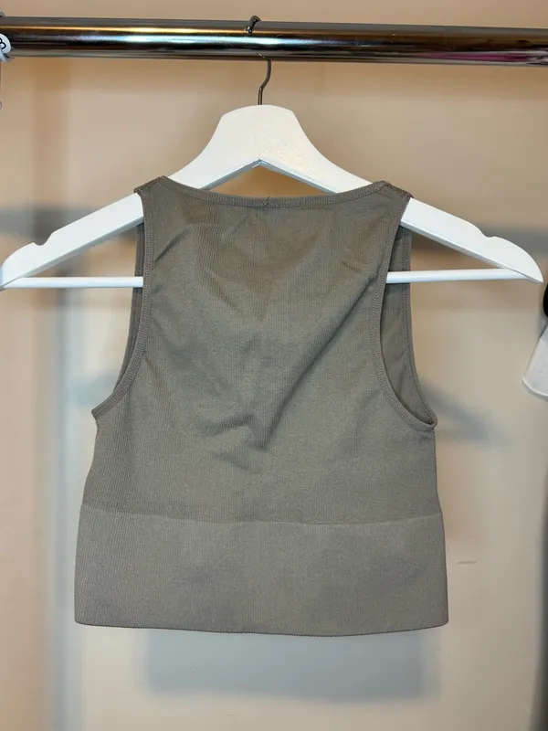 Women's V-Neck Ribbed Cropped Tank Top - Taupe - Image 2