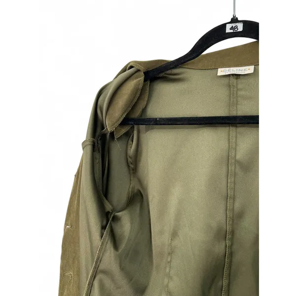 Vintage Celine | M | Blazer Jacket Micro Suede Womens Thigh Length Olive Green - Image 4