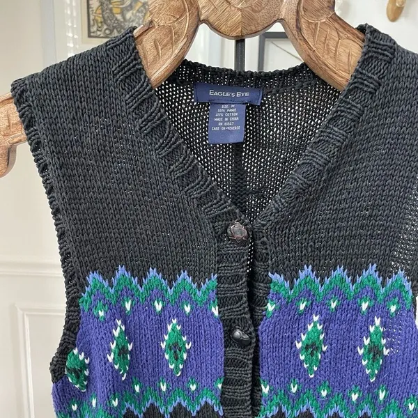 Vintage Eagle’s Eye Fair Isle Cable Knit Button Sweater Vest M - Image 2