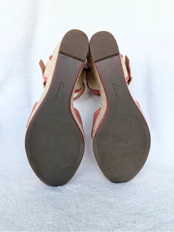 Clarks Coral /Beige Leather Wedge Espadrille Sandals Ankle Strap Buckle 6.5 - Image 12