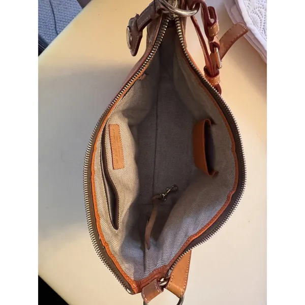 Dooney and Bourke Orange/Tan Pebbled Leather O-Ring Slouch Hobo Bag - Image 5