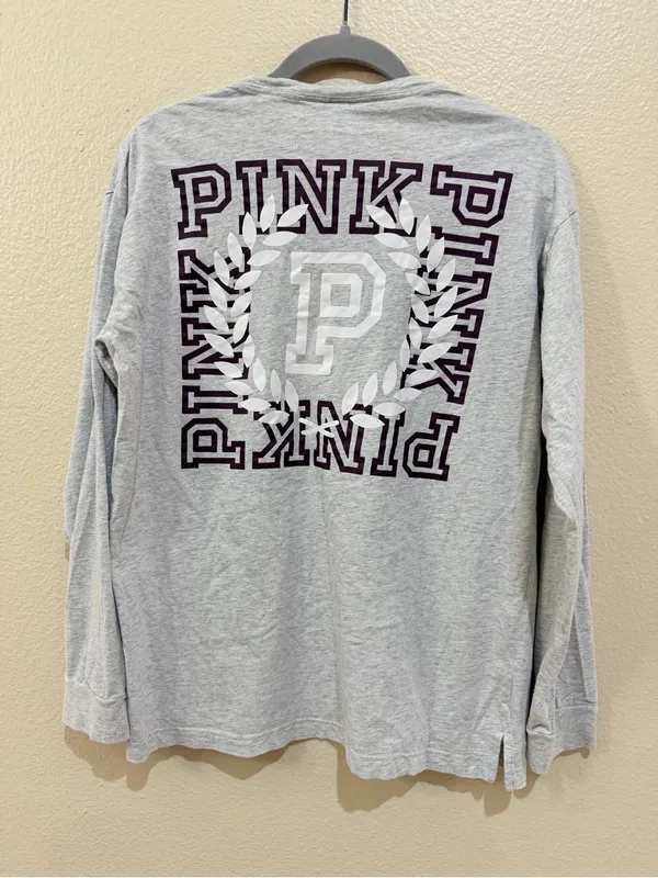 Victoria's Secret PINK Gray Long Sleeve Pocket T-Shirt Graphic Back Logo M - Image 2