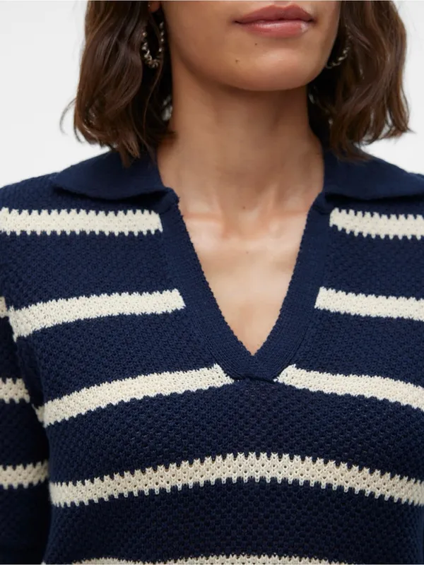 NEW Vero Moda VMamazing Navy & Cream Striped V-Neck Polo crop Sweater women’s XL - Image 3