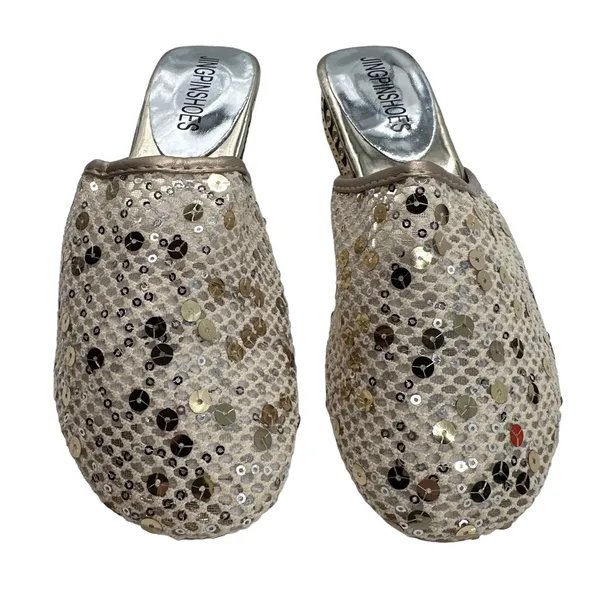 Gold Mesh Slides w/Round Toe Silver & Gold‎ Sequins Open Circle 1.5” Heels - Image 6