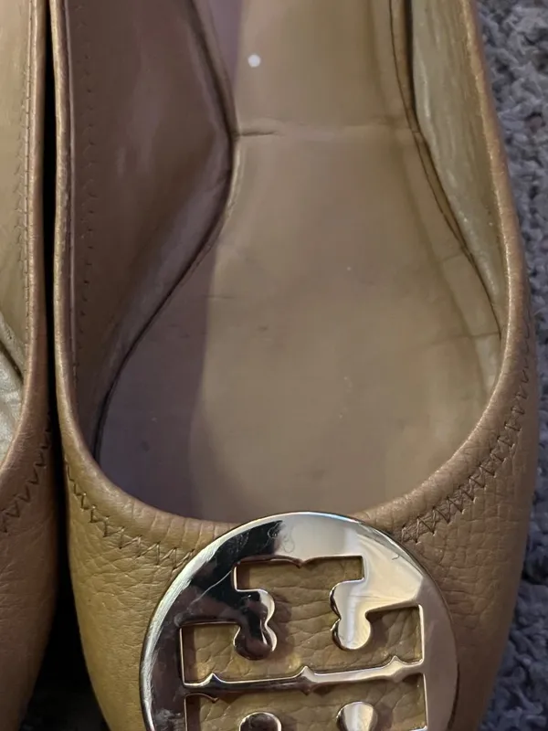 Tory Burch Reva Women’s 8.5 Royal Tan / Gold Metallic Leather Ballet Flats Used - Image 10