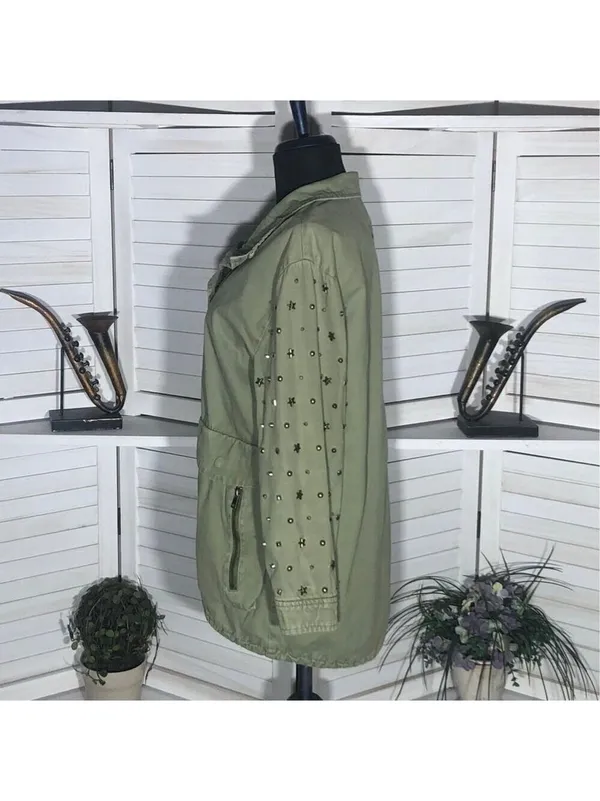 Zara green jacket cargo parka edgy studs relaxed snap boho rocker grunge punk 12 - Image 7
