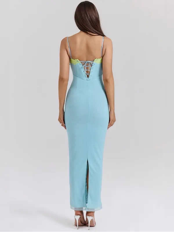 House of CB Aiza Ocean Blue Contrast Lace Maxi Dress L - Image 8