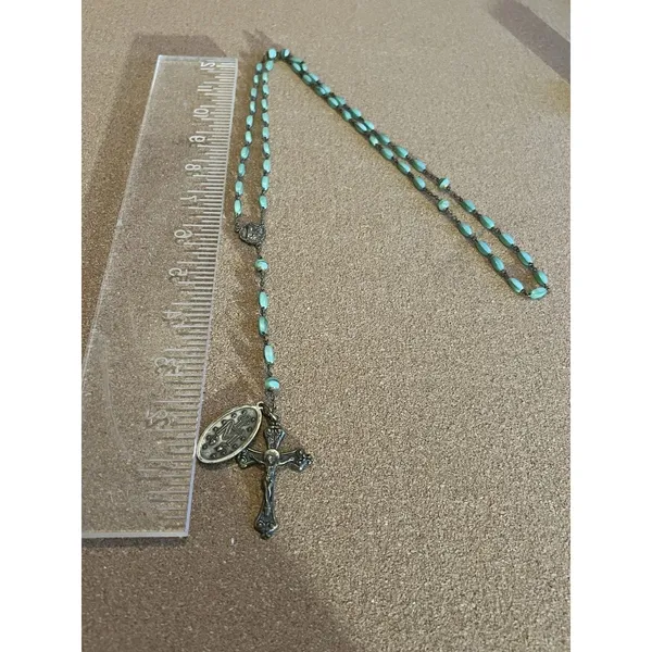 Art Deco Style RosaryAqua Glass Beads Silver-Tone Crucifix Saint Therese 1930’s - Image 2