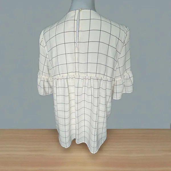 LOFT Top Sz M Ivory Plaid Round Neck Short Sleeve Keyhole Back Peplum Lined - Image 3