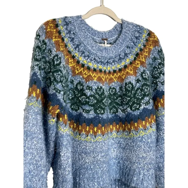 Free People Festive Frost Fair Isle Fuzzy Sweater Small Blue Green Oversized - Image 3
