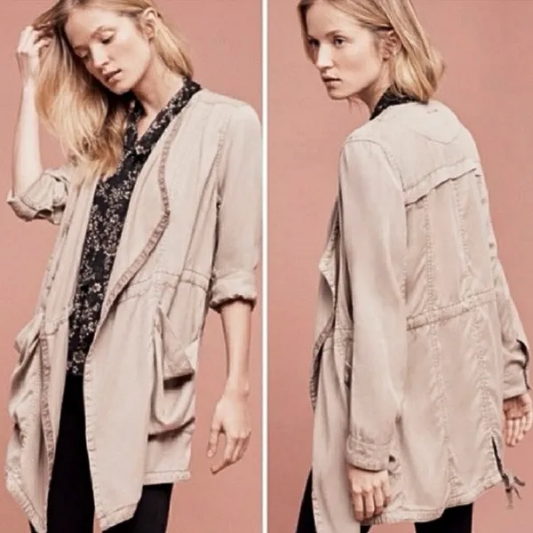 Anthropologie Hei Hei Tan Beige Long Sleeve V Neck Mid Length Coat Jacket Size M - Image 3
