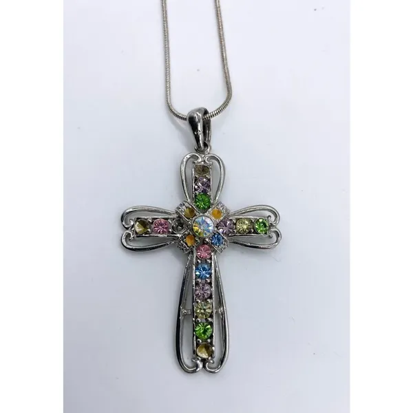 colorful rhinestone cross pendant necklace brushed antique silver - Image 3