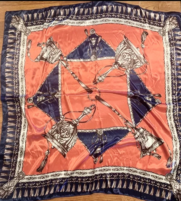 Vintage Large Antique Bells &Tassels blue/orange SQUARE SILKY SCARF 35/35 - Image 2