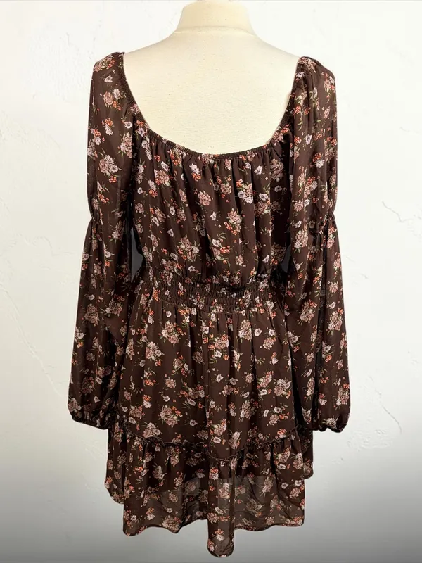 LIVE TO BE SPOILED Y2K Brown Chiffon Pink Floral Long-Sleeve Ruffled Mini Dress‎ - Image 6