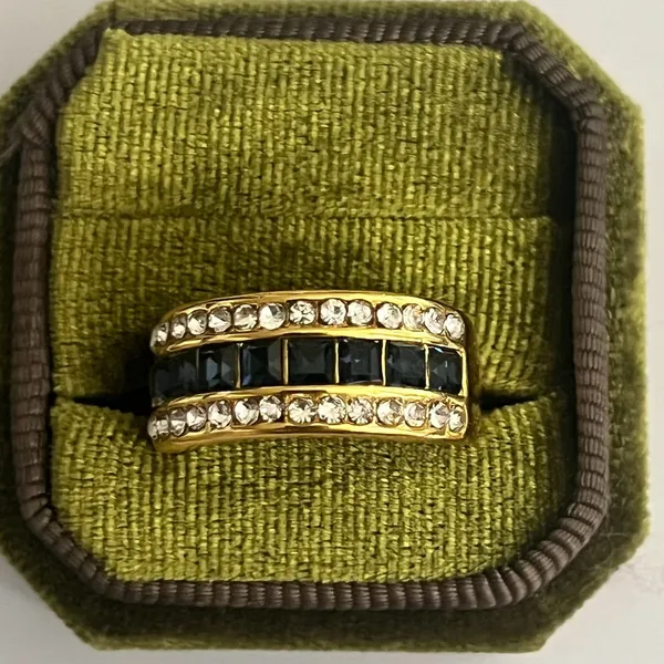 Gold-Tone Blue Crystal and Rhinestone Three-Row Band Ring 8mm Unisex Band Size 9 - Image 2