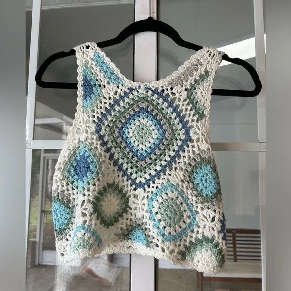 Altar’d state blue green white knit boho crochet crop tank - Image 6