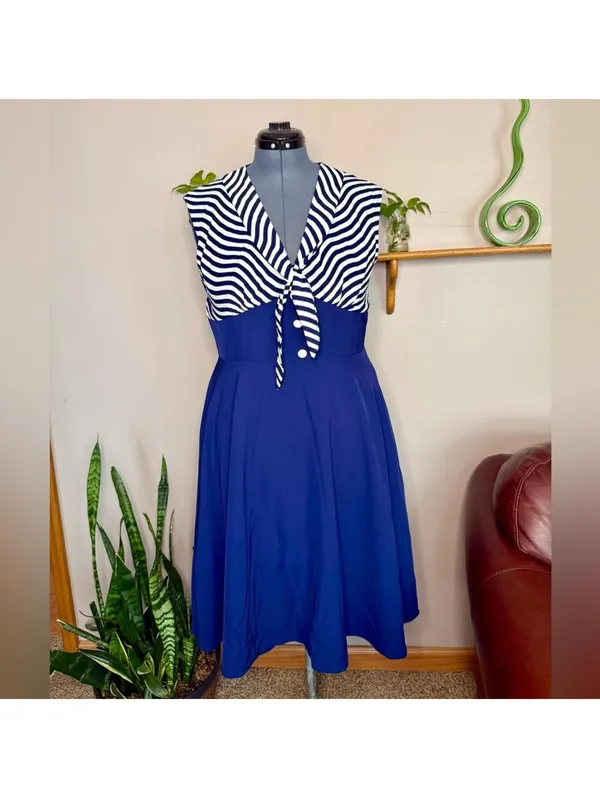 Retro Stage XXL Blue White Striped Sailor Dress Nautical Tie Front Pinup Retro - Image 6