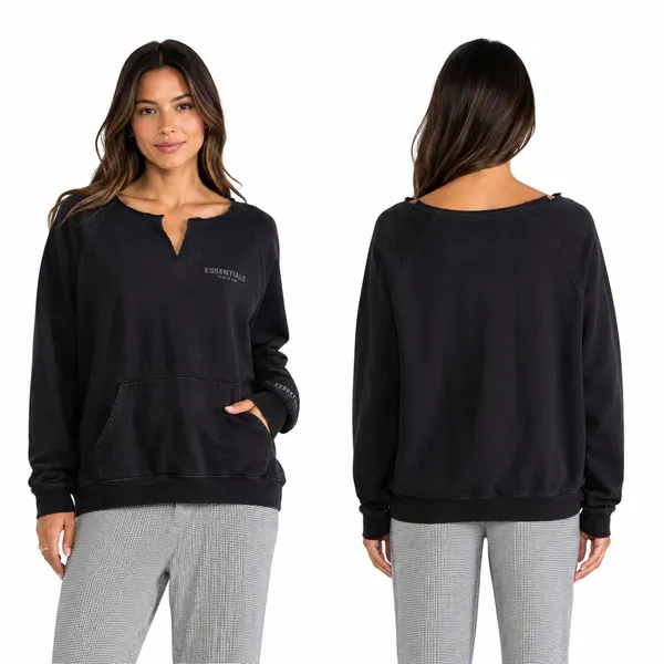 Fear of God -877 Essentials Black Raw Cut Notch Neck Sweatshirt‎ Logo FOG XL - Image 2