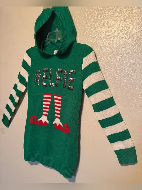 No Boundaries Small #ELFIE Elf Hooded Ugly Christmas Sweater Sequin - Image 5