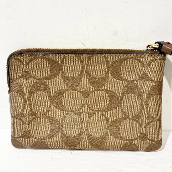 Coach Corner Zip Wristlet In Signature Canvas‎ Gold/Khaki Saddle 2 Wallet - Image 5