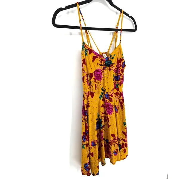 Free People Mini Dress Floral Boho XS Yellow Strappy Sun Dress Festival Summer - Image 2