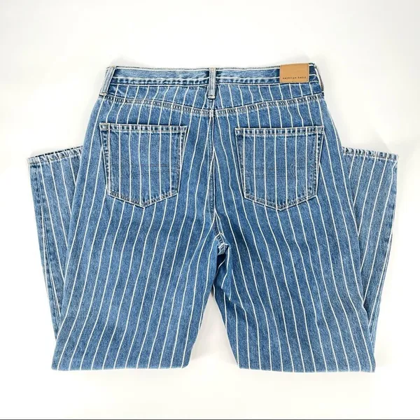 American Eagle Indigo Striped Hi‎ Rise Mom Jean Size 8 Blue NWT - Image 8
