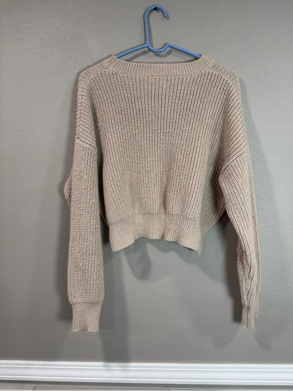 Cozy Shimmer Glitter Cropped Knit Sweater in Taupe - Women's Sweater - Image 4