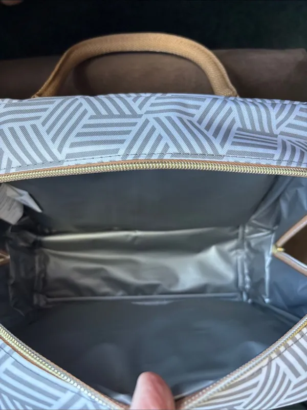 Fit + Fresh Gray Geometric Tote Lunch Bag with Brown Handles - Image 4