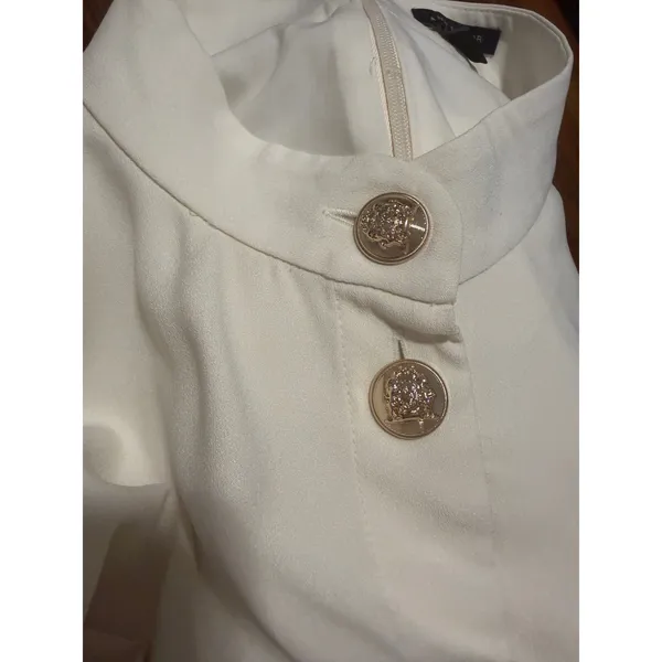 Ann Taylor Womens 12 Cream Crepe Mock Neck‎ Gold Button Belted Puff Sleeve Dress - Image 9