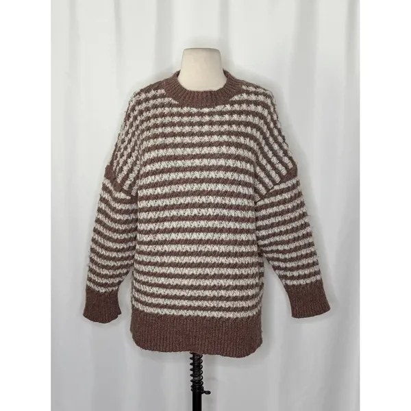 ZARA Wool Chunky Knit Oversized Sweater Brown Grey Stripes‎ Pullover Knit Small - Image 2