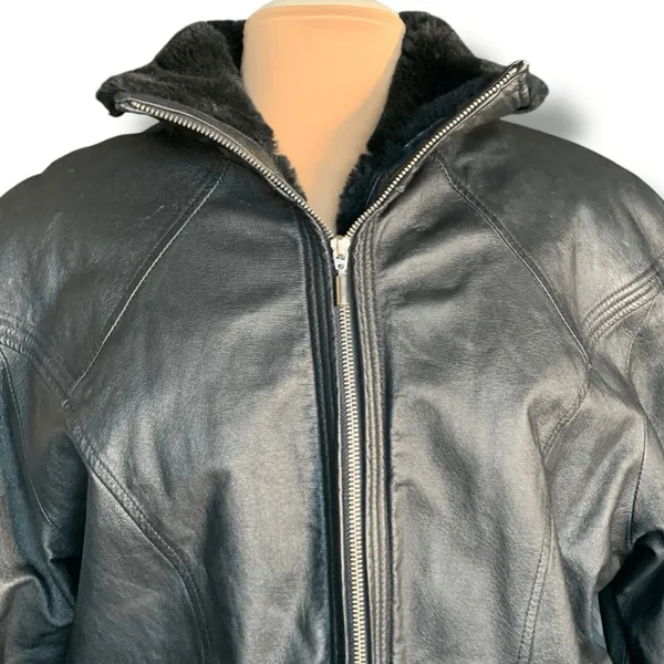 Vintage 90s Wilsons Leather Black Faux Fur Trimmed Bomber Jacket Oversized Large - Image 7