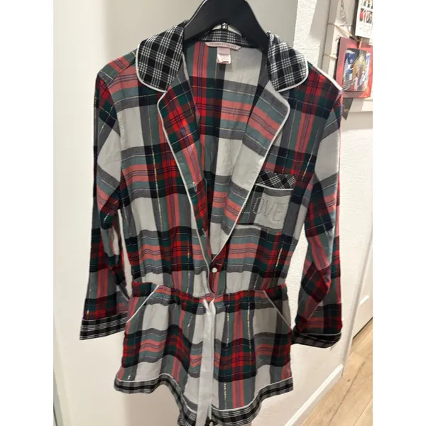 Victorias Secret Red Plaid Flannel Romper LOVE Rhinestone Sleepwear Small Lounge - Image 2