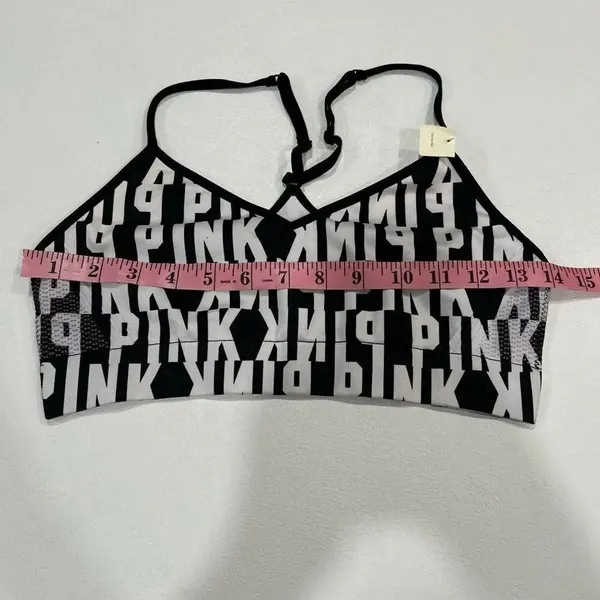 PINK Victoria’s Secret Logo Sports Bra Medium – Black White Racerback Compressio - Image 4
