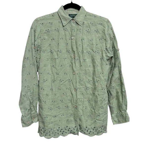 Lauren Ralph Lauren Pistachio Green Floral‎ Eyelet Linen Long Sleeve Button Top - Image 2