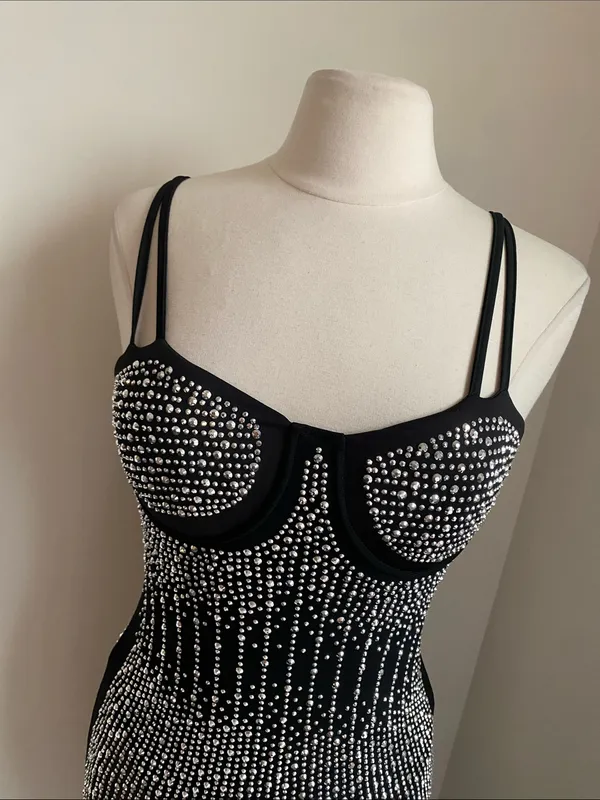 Rhinestone Stretch Black Sheer Midi Dress Built in Bodysuit Womens Sz Large - Image 2