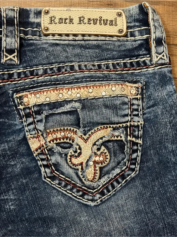 Rock Revival Luisa low rise straight med wash faded Embellished denim jeans 27 - Image 6